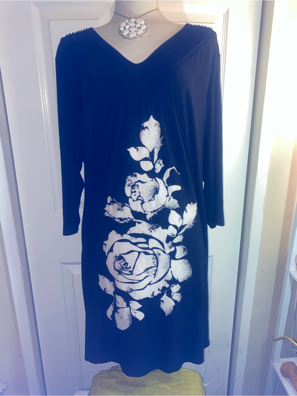 Cocomo Black Long-Sleeve Dress with White Rose Print